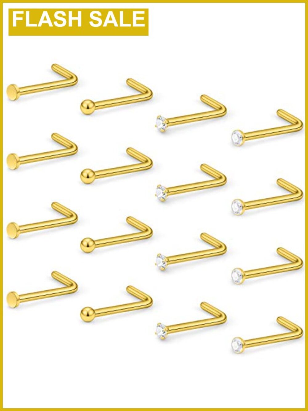 16pc Nose Rings 18G Surgical Steel L Shaped Studs CZ Body Piercing Jewelry